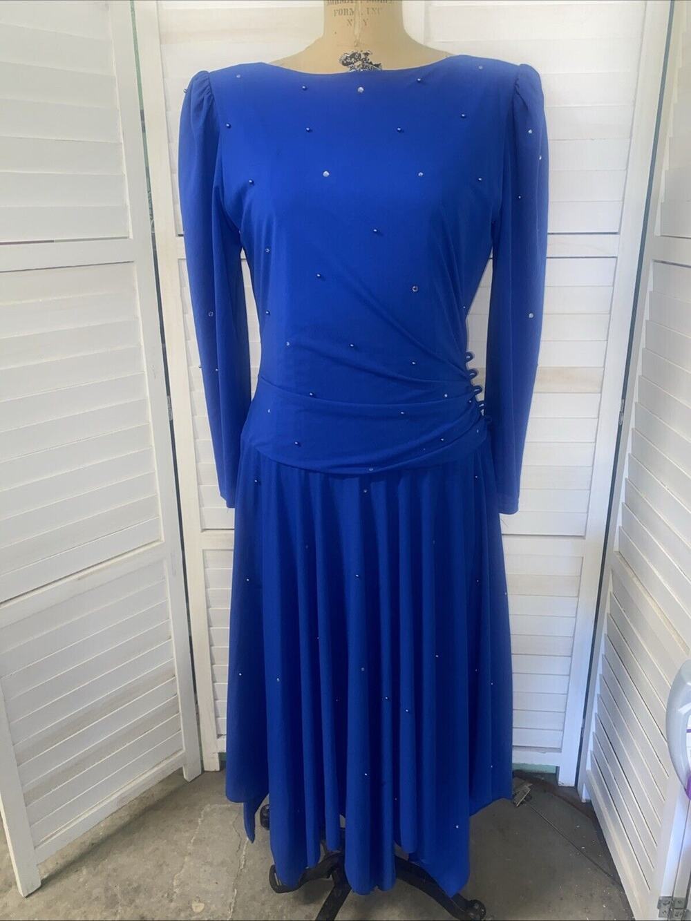 Vintage Pat Richards Blue Crepe Rhinestone Cocktail Dress Lined Women’s Sz Large